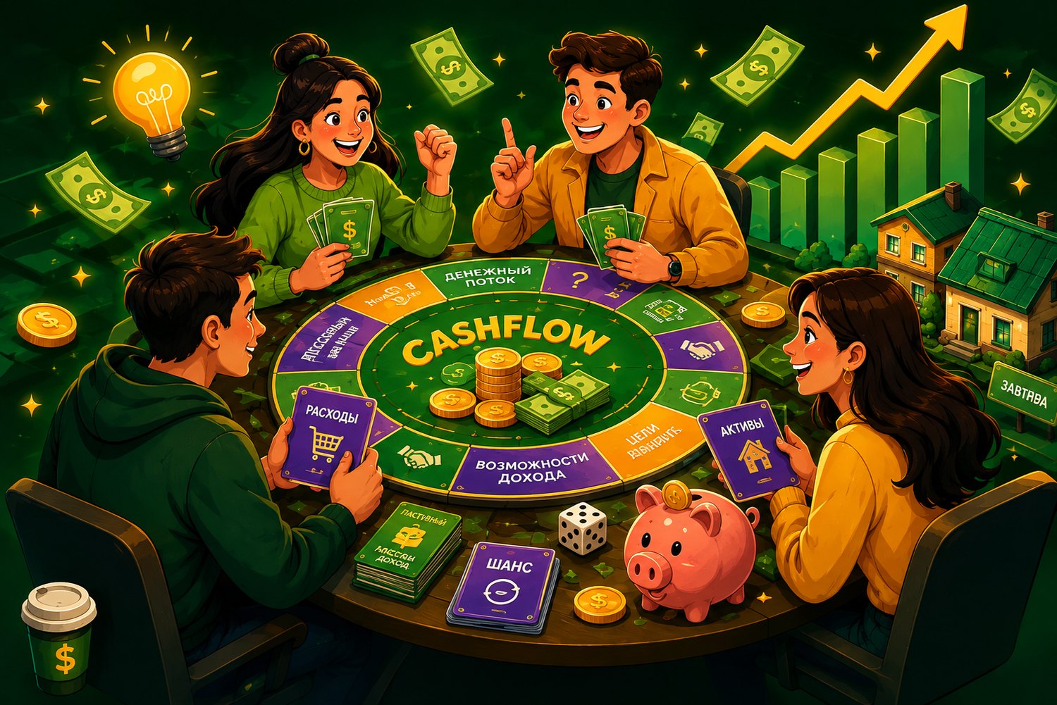 Игроки за столом финансовой игры Cashflow